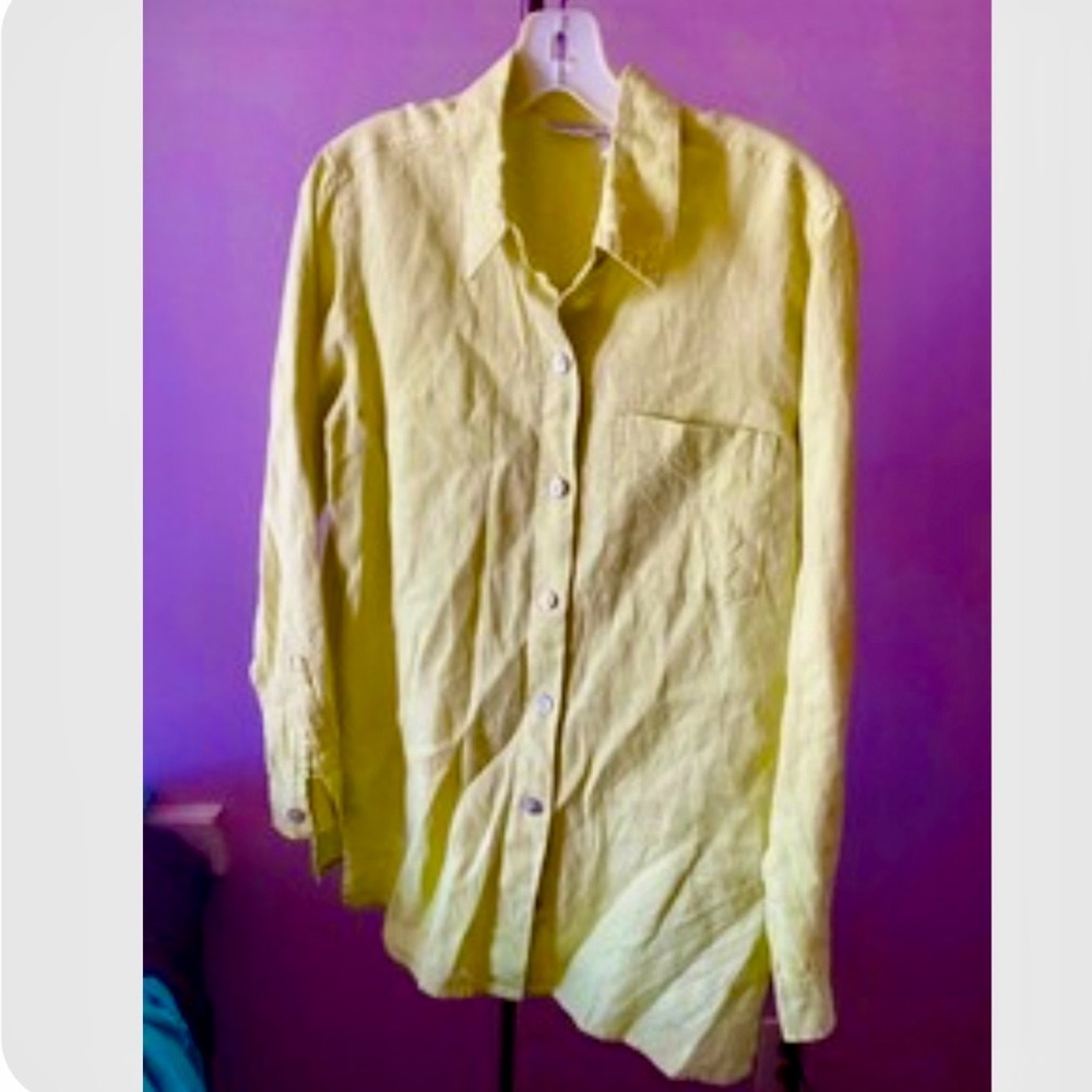 S M 100% Linen Chicos Spring Green Button Down Shirt Pocket Long Sleeve Jacket